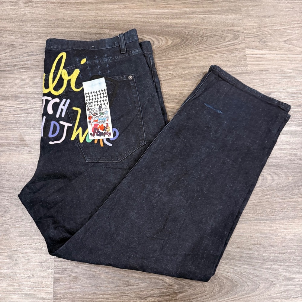Ksubi Dark Wash Distressed Graphic Print Denim Selvidge button fly Jeans 40x30